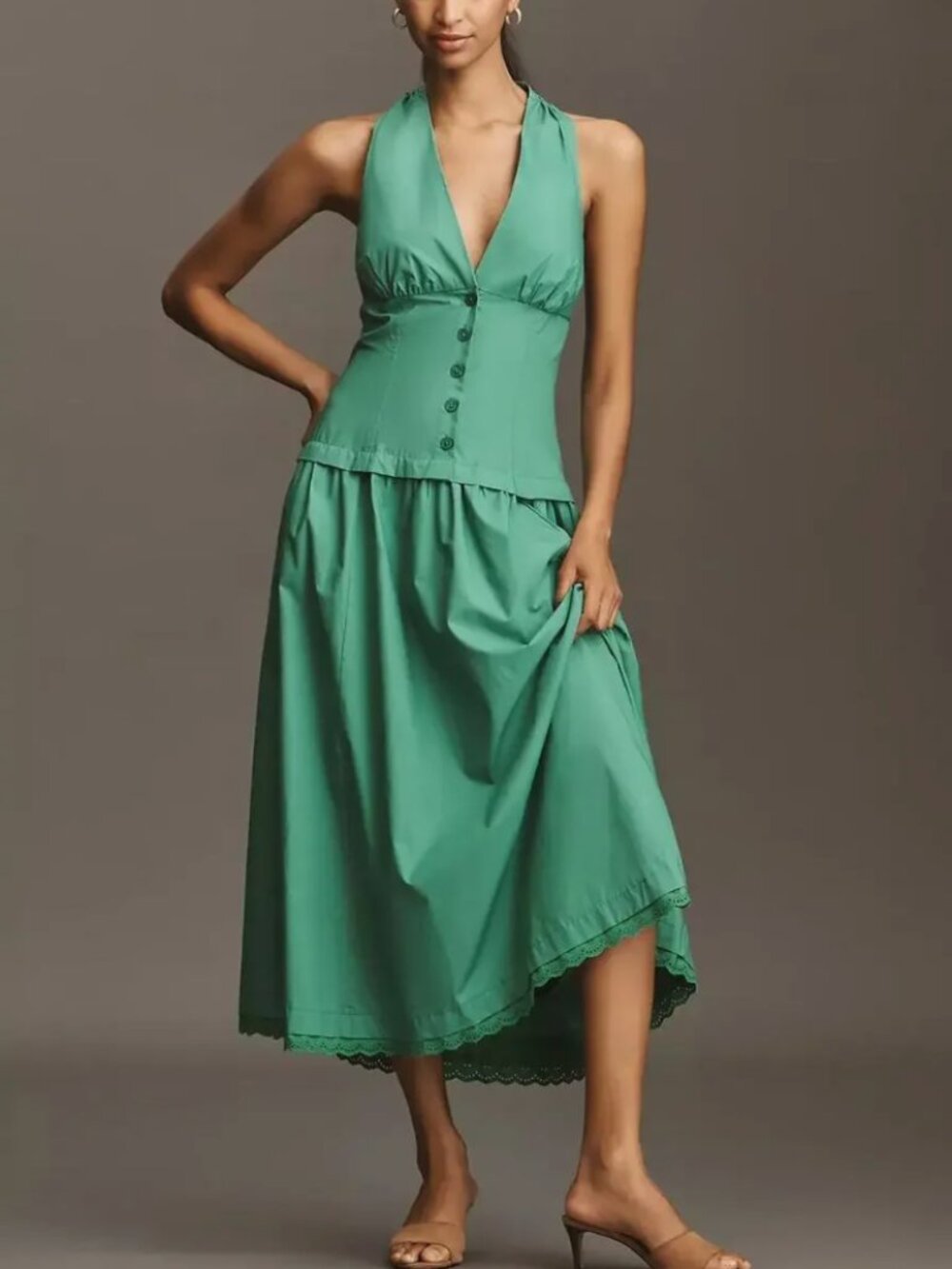 NWT Anthropologie Halter V-Neck Drop-Waist Midi Dress